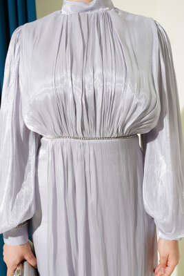 Sıra Taşlı Balon Kol Abiye Elbise Gri - Elbise