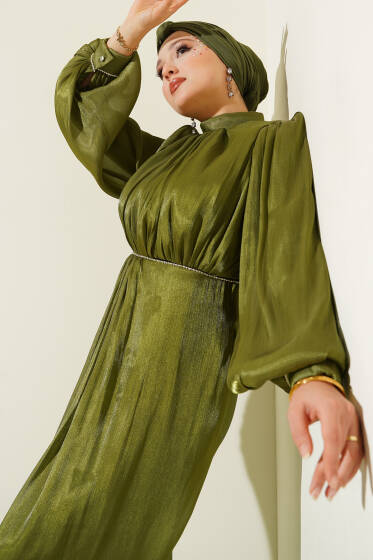 Sıra Taşlı Balon Kol Abiye Elbise Haki - Elbise