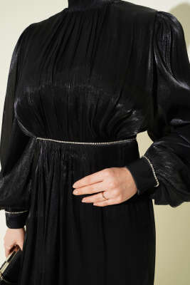 Sıra Taşlı Balon Kol Abiye Elbise Siyah - Elbise