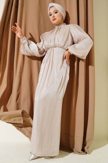 Sıra Taşlı Balon Kol Abiye Elbise Taş - Elbise