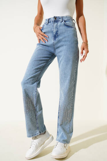 Sıra Taşlı Bol Paça Kot Pantolon Kar Yıkama - Kadın Giyim Modelleri