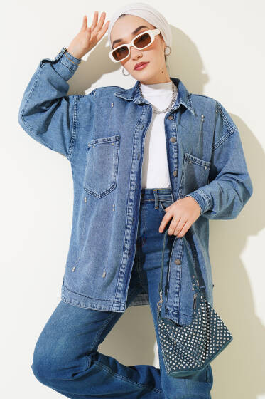 Sıra Taşlı Cepli Kot Ceket Kot - Ceket