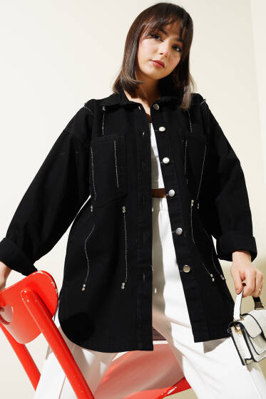 Sıra Taşlı Cepli Kot Ceket Siyah - Ceket