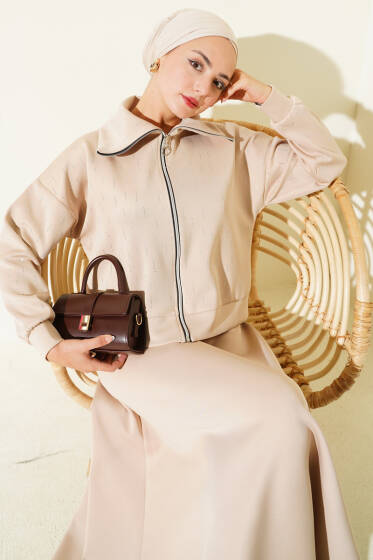 Sıra Taşlı Etekli Scuba İkili Takım Bej - İkili Takım