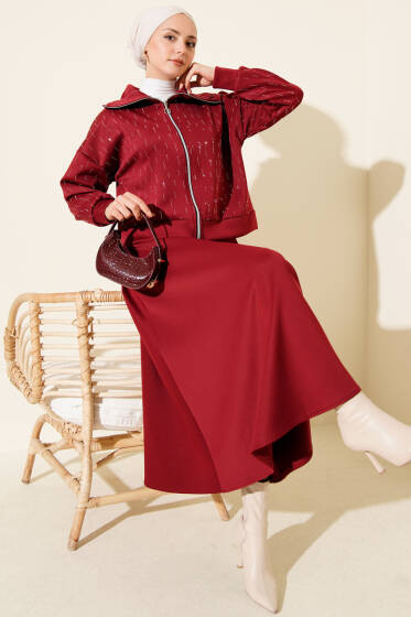 Sıra Taşlı Etekli Scuba İkili Takım Bordo - İkili Takım