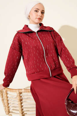 Sıra Taşlı Etekli Scuba İkili Takım Bordo - İkili Takım