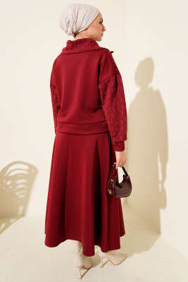 Sıra Taşlı Etekli Scuba İkili Takım Bordo - İkili Takım