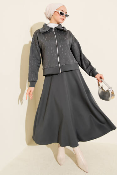 Sıra Taşlı Etekli Scuba İkili Takım Füme - İkili Takım