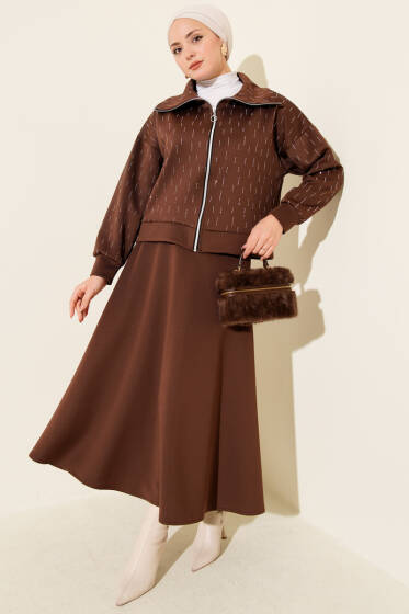 Sıra Taşlı Etekli Scuba İkili Takım Kahve - İkili Takım
