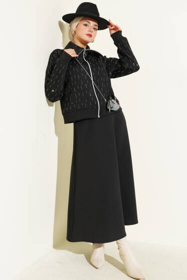 Sıra Taşlı Etekli Scuba İkili Takım Siyah - İkili Takım