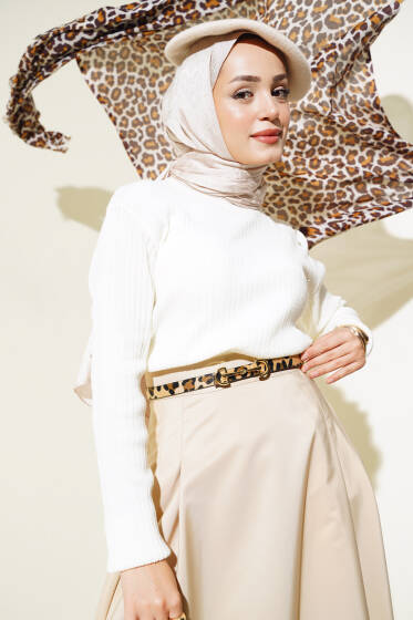 Sıra Taşlı Fitilli Triko Kazak Ekru - Triko