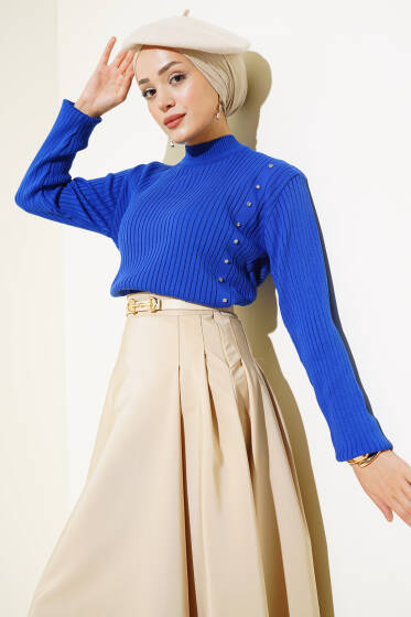 Sıra Taşlı Fitilli Triko Kazak Saks - Triko