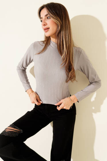 Sıra Taşlı Kaşkorse Body Gri - Kadın Giyim Modelleri