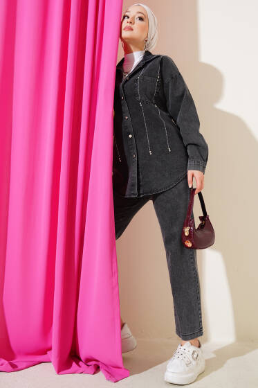 Sıra Taşlı Kot İkili Takım Füme - İkili Takım