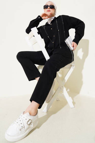 Sıra Taşlı Kot İkili Takım Siyah - İkili Takım