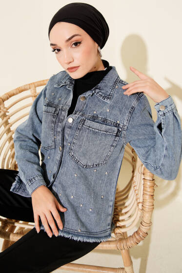 Sıra Taşlı Püsküllü Kısa Kot Ceket Kot Mavisi - Ceket