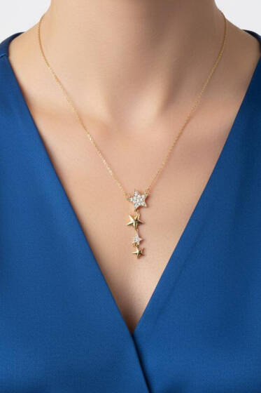 Sıra Yıldızlı Taşlı Kolye Gold - Kolye