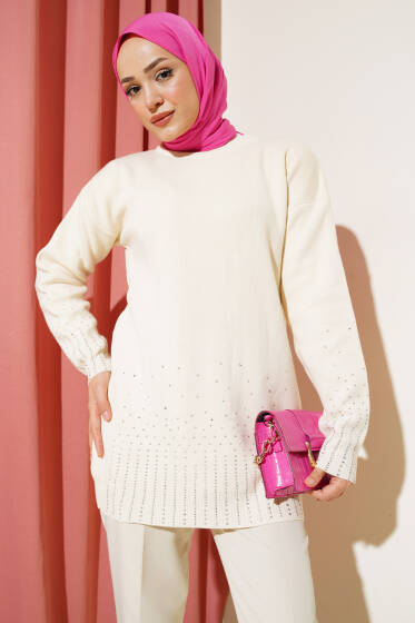 Sıralı Taşlı Triko Tunik Bej - Triko