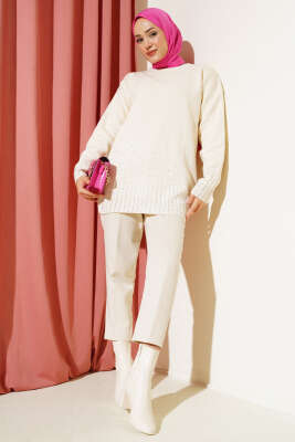 Sıralı Taşlı Triko Tunik Bej - Triko Tunik