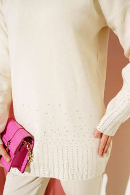 Sıralı Taşlı Triko Tunik Bej - Triko Tunik