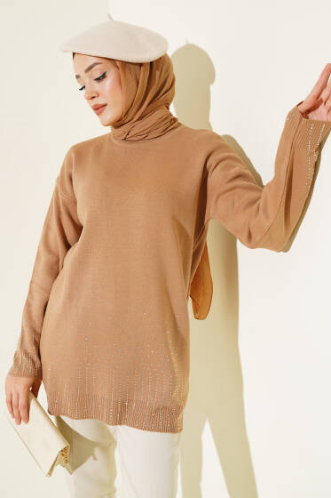 Sıralı Taşlı Triko Tunik Büsküvi - Triko