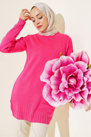 Sıralı Taşlı Triko Tunik Fuşya - Triko