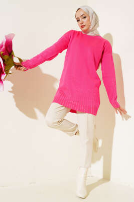 Sıralı Taşlı Triko Tunik Fuşya - Triko Tunik