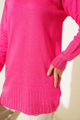Sıralı Taşlı Triko Tunik Fuşya - Triko Tunik