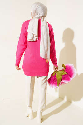 Sıralı Taşlı Triko Tunik Fuşya - Triko Tunik