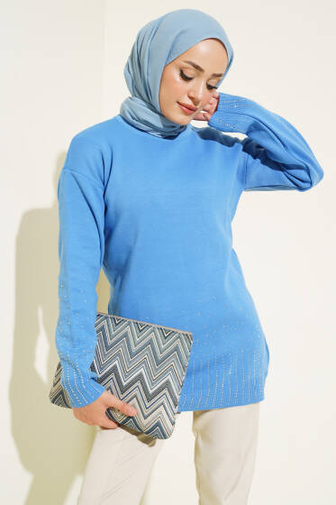 Sıralı Taşlı Triko Tunik İndigo - Triko