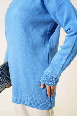 Sıralı Taşlı Triko Tunik İndigo - Triko Tunik