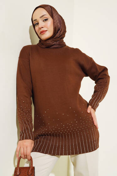 Sıralı Taşlı Triko Tunik Kahve - Triko