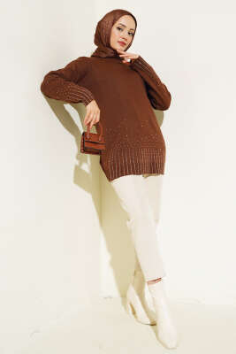 Sıralı Taşlı Triko Tunik Kahve - Triko Tunik