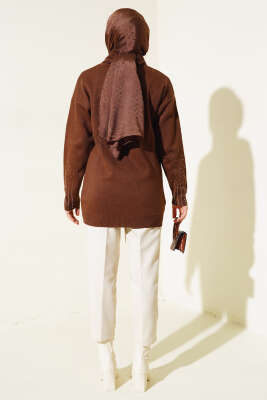 Sıralı Taşlı Triko Tunik Kahve - Triko Tunik