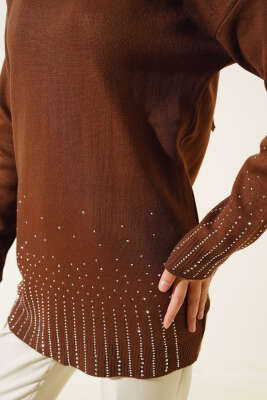 Sıralı Taşlı Triko Tunik Kahve - Triko Tunik