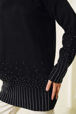 Sıralı Taşlı Triko Tunik Siyah - Triko Tunik