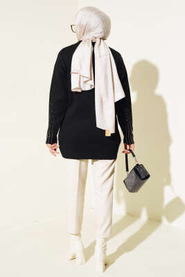 Sıralı Taşlı Triko Tunik Siyah - Triko Tunik