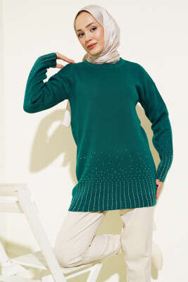 Sıralı Taşlı Triko Tunik Zümrüt 