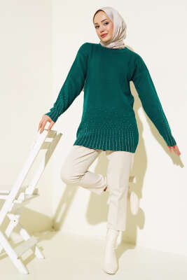 Sıralı Taşlı Triko Tunik Zümrüt - Triko Tunik