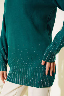 Sıralı Taşlı Triko Tunik Zümrüt - Triko Tunik