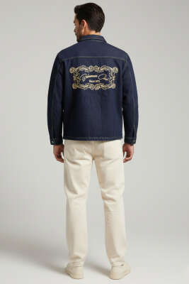 Sırt Armalı Erkek Kot Ceket Lacivert - Erkek Ceket
