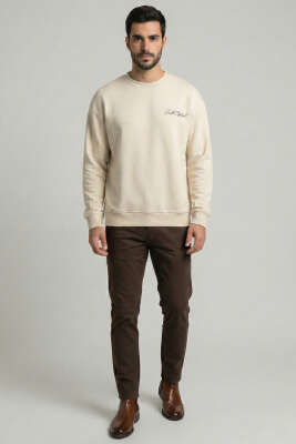 Sırt Baskılı Erkek Sweatshirt Krem - Erkek Sweatshirt