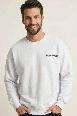 Sırt Baskılı Kabartmalı Erkek Sweatshirt Beyaz 
