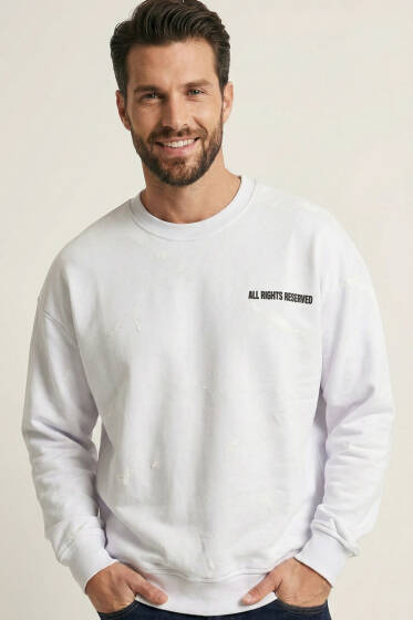 Sırt Baskılı Kabartmalı Erkek Sweatshirt Beyaz - Erkek Sweatshirt