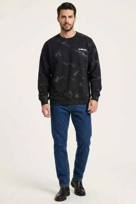 Sırt Baskılı Kabartmalı Erkek Sweatshirt Siyah - Erkek Sweatshirt