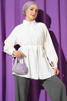 Sırt Dantelli İpli Tensel Gömlek Beyaz - DUFON