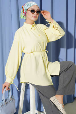 Sırt Dantelli İpli Tensel Gömlek Sarı - DUFON