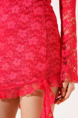 Sırt Dekolteli Dantelli Mini Elbise Kırmızı - Kadın Giyim Modelleri