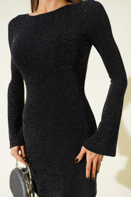 Sırt Dekolteli Simli Mini Elbise Siyah - Kadın Giyim Modelleri