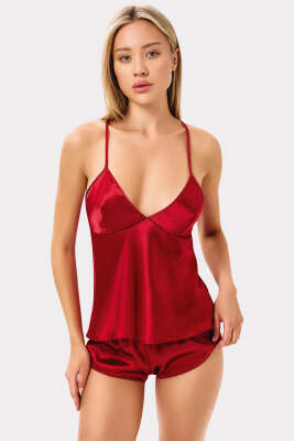 Sırt Dekolteli Şortlu Saten Pijama Takım Bordo 